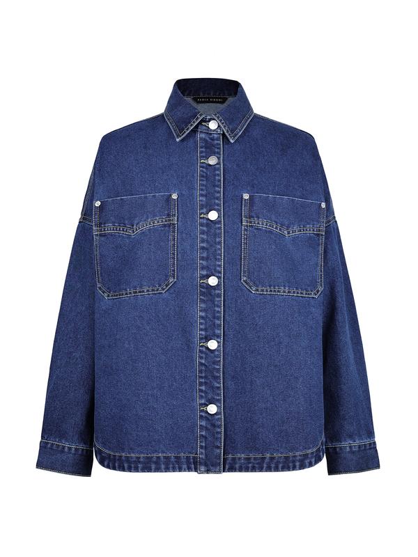 Women's Plain Button Front Drop Shoulder Curved Hem Denim Jacket
