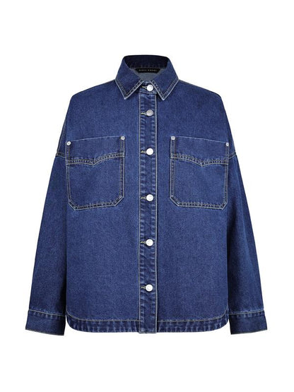 Women's Plain Button Front Drop Shoulder Curved Hem Denim Jacket