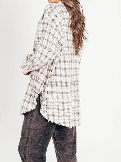 ⏰Hot Sale-Women's Seams Raw Edge Washed Oversized Shirt Jacket with Pockets 🔥New arrivals at special price🔥