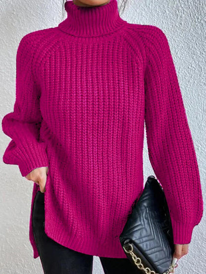 💥Last day only $37.99📢 Long Sleeves Loose Solid Color Split-Side High Neck Pullovers Sweater Tops