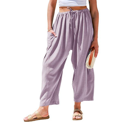 Womens Linen Blend Wide Leg Pants