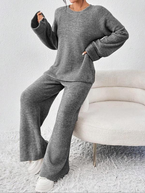 Women's Oversize Raglan Sleeve Split Sweater & Elastic Waist Pants Set