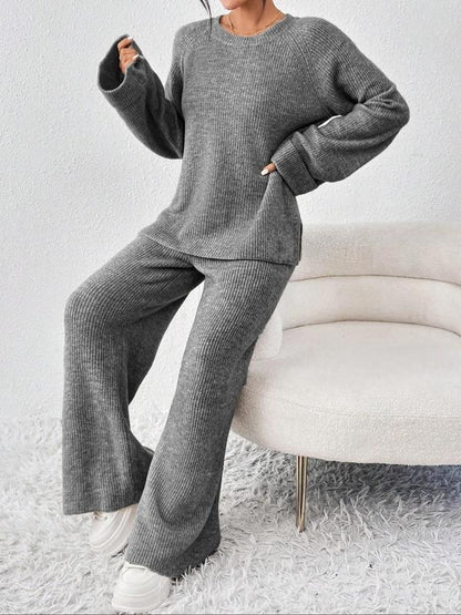 Women's Oversize Raglan Sleeve Split Sweater & Elastic Waist Pants Set