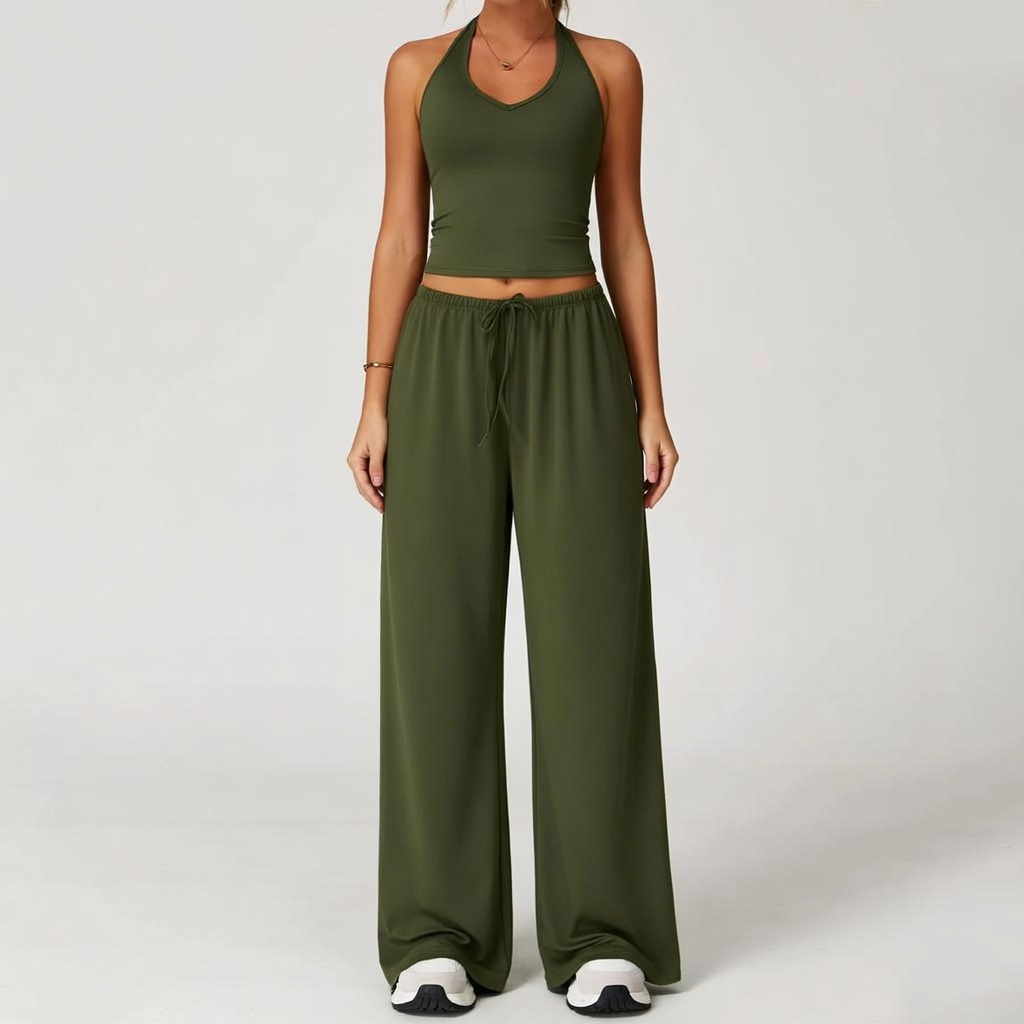 Women's Quick-Drying Athleisure Outfits - Adjustable V-Neck Strappy Top & Wide Leg Pants