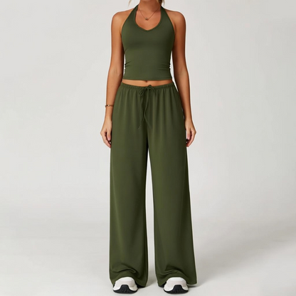Women's Quick-Drying Athleisure Outfits - Adjustable V-Neck Strappy Top & Wide Leg Pants