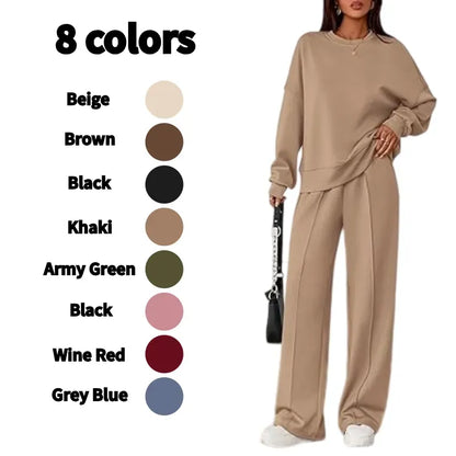 Women Spring & Fall Long Sleeve Wide Leg Pants Sweatsuit