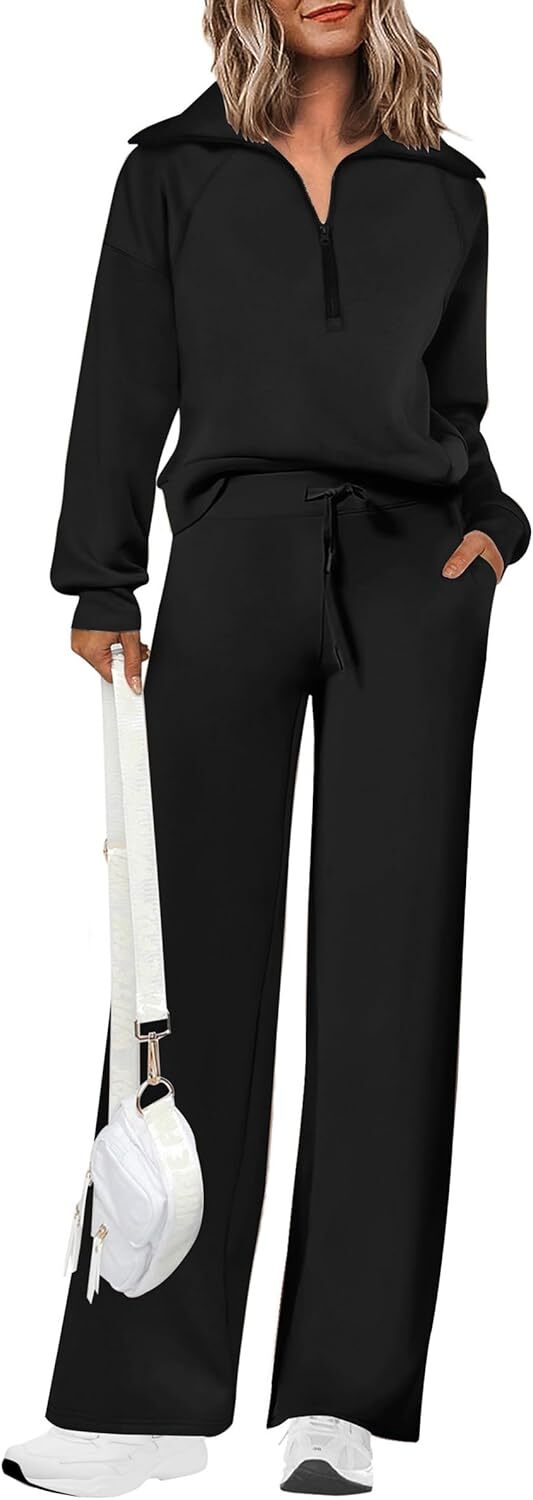 Women's Outfits Casual Lapel Half Zip Sweatshirts And Wide Leg Pants Tracksuit Sets