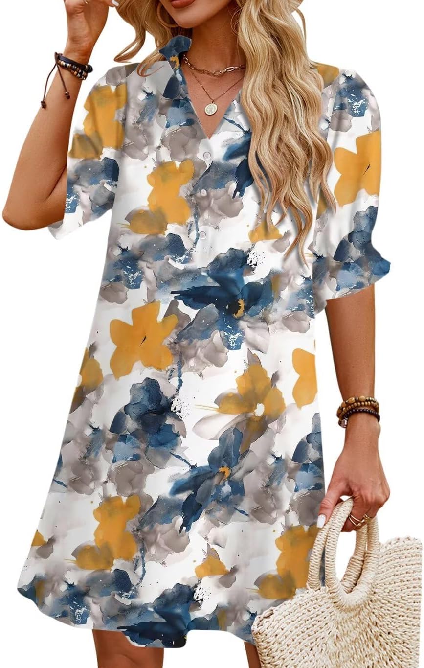Womens Summer Shirt Mini Dresses with Pockets