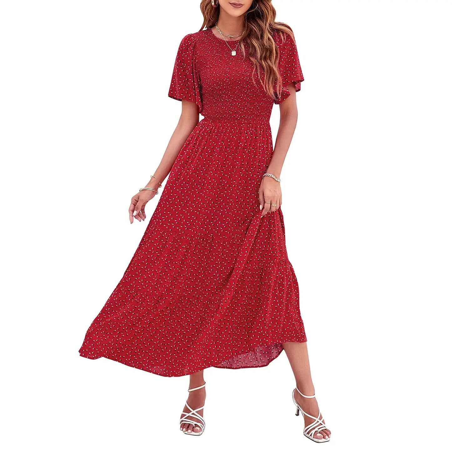 Floral Print Short Flutter Sleeve Crew Neck High Waist Flowy Maxi Dress