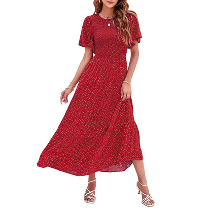Floral Print Short Flutter Sleeve Crew Neck High Waist Flowy Maxi Dress