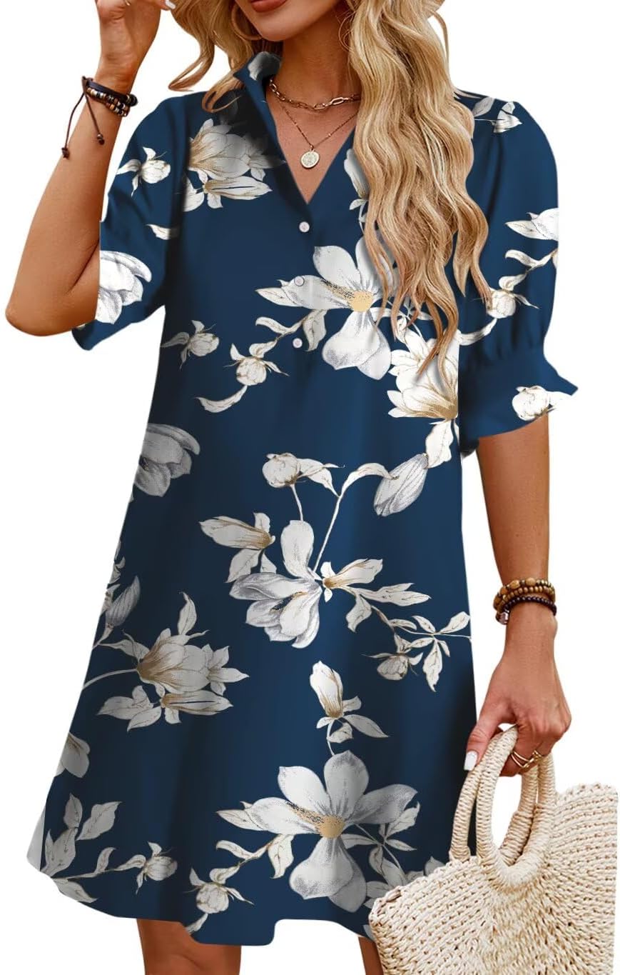 Womens Summer Shirt Mini Dresses with Pockets