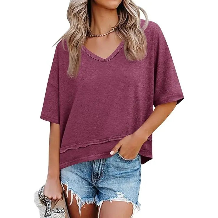 Womens Short Sleeve Shirts Summer V Neck Casual Top