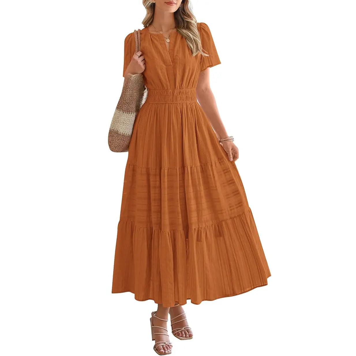 Women's Summer 2026 Casual Maxi Dress Lightweight Short Sleeve V Neck Boho Dress with Pockets