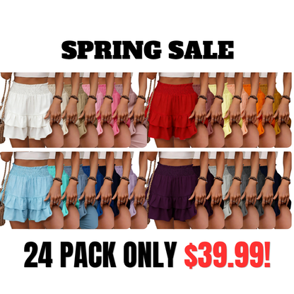 Women's Frill Trim Ruffle Hem Shirred High Waist Shorts