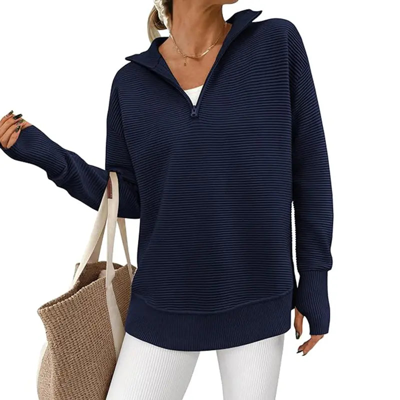 Women's Long Sleeve Quarter Zip Pullover Sweater Casual Loose V Neck Collared Ribbed Knit Jumper Tops Thumb Hole Cozy Ribbed Knit Soft Warm Trendy Colors for Every Season