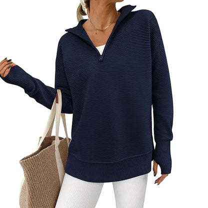 Women's Long Sleeve Quarter Zip Pullover Sweater Casual Loose V Neck Collared Ribbed Knit Jumper Tops Thumb Hole Cozy Ribbed Knit Soft Warm Trendy Colors for Every Season