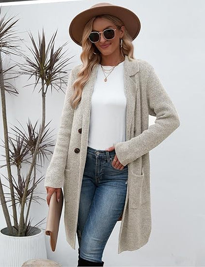 Women Fall Long Cardigan Sweater Trendy Knit Jacket Coat Dressy Blazer Coatigan