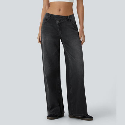 🔥5 Pack-Women's  Asymmetric Low Rise Zipper Pockets Baggy Wide Leg Washed Casual Jeans