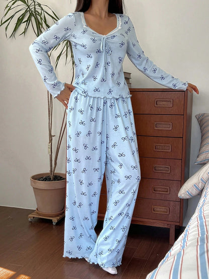 Women's Bow Print Long-Sleeve Lounge Pajama Set