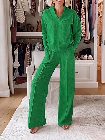 Solid Color Casual Large V-Neck Top & Pants Set