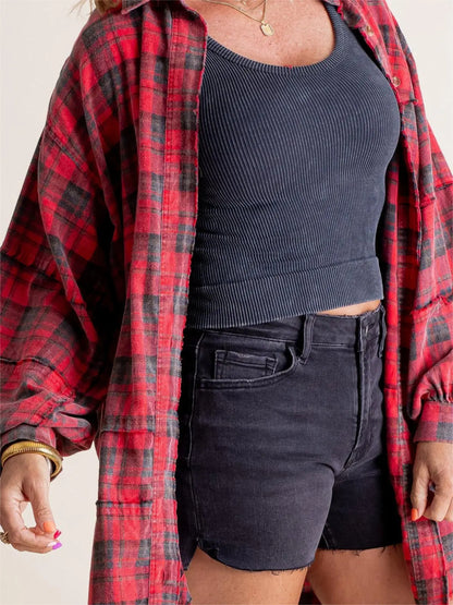 ⏰Hot Sale-Women's Seams Raw Edge Washed Oversized Shirt Jacket with Pockets 🔥New arrivals at special price🔥