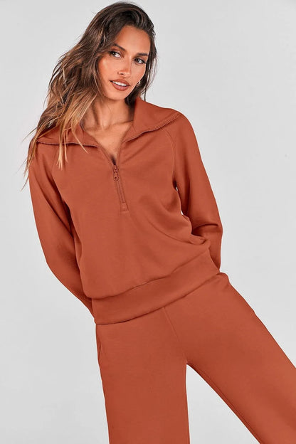 Women's 2 Piece Outfits Casual Lapel Half Zip Sweatshirts And Wide Leg Pants Tracksuit Sets