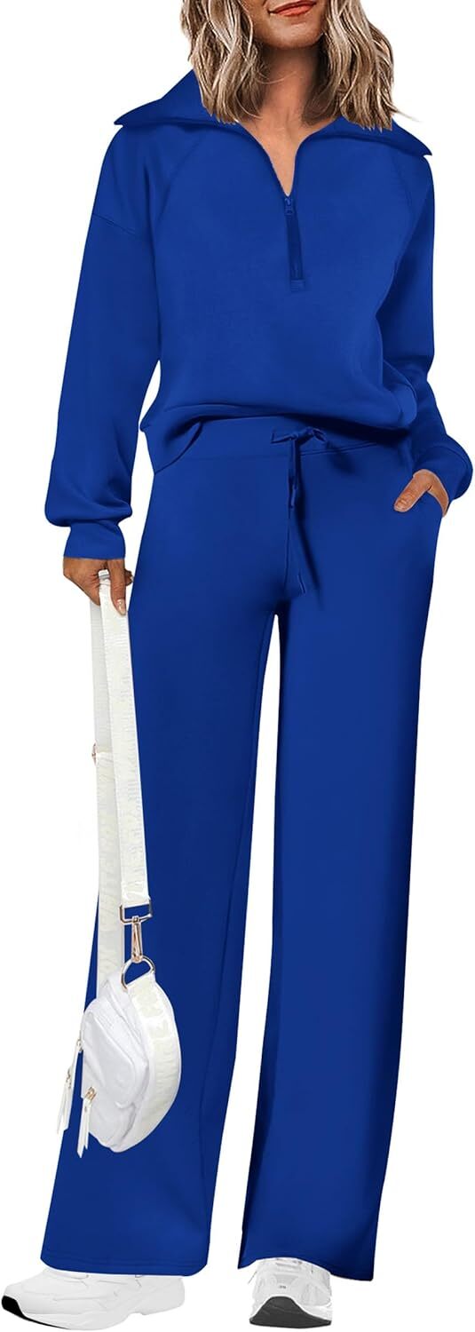 Women's Outfits Casual Lapel Half Zip Sweatshirts And Wide Leg Pants Tracksuit Sets