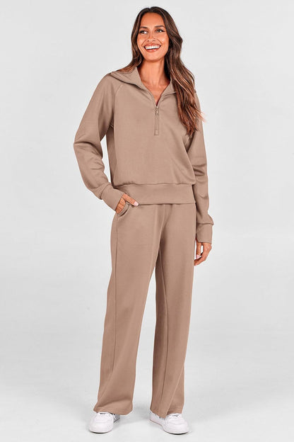 Women's Outfits Casual Lapel Half Zip Sweatshirts And Wide Leg Pants Tracksuit Sets