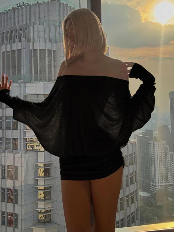 💘 Valentine’s Day Sale 💘Lady's transparent ruffled evening dress, off-shoulder long-sleeved lady's short skirt