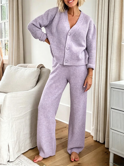 Last Day Flash Sale | 50% OFF Textured Knit Button Cardigan Matching Pants Two-Piece Outfit