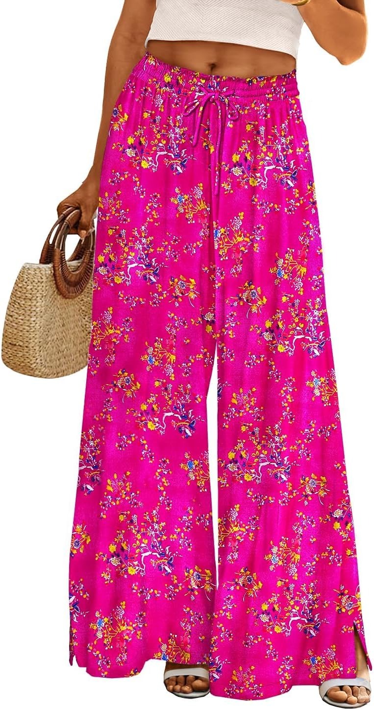 Women Summer Flowy Wide Leg Pants Drawstring Elastic Waist Casual Lounge Beach Palazzo Trouser with Pockets