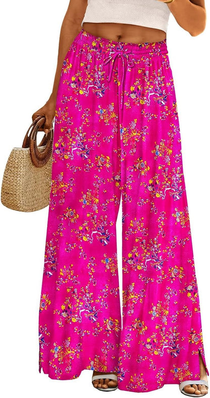 Women Summer Flowy Wide Leg Pants Drawstring Elastic Waist Casual Lounge Beach Palazzo Trouser with Pockets