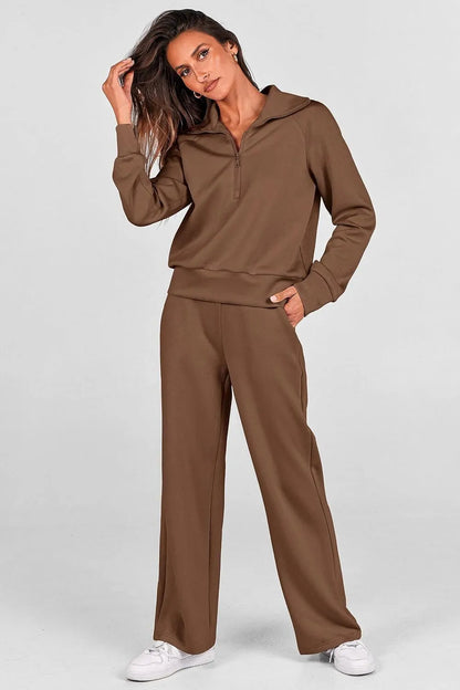 Women's 2 Piece Outfits Casual Lapel Half Zip Sweatshirts And Wide Leg Pants Tracksuit Sets