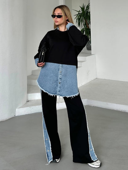 Women'S Knitted Patchwork Denim Top & Pants Set