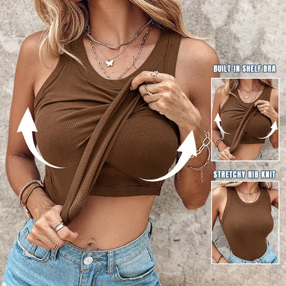 This Week's Special Price🍃Round Neck Built-in Bra Ribbed Tank Top Fit Casual Comfortable💥