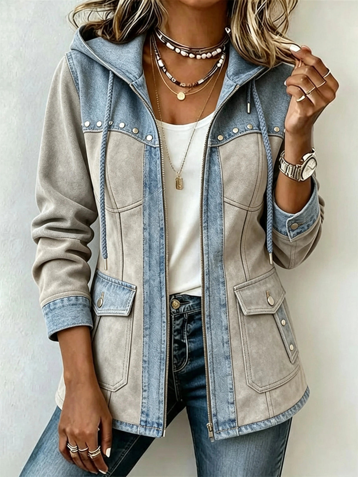 Denim Patchwork Suede Hooded Jacket
