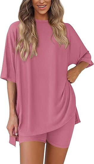 🔥Women's Two Piece Lounge Set Summer Casual Oversized Shirts Biker Shorts Matching Airport Travel Outfit