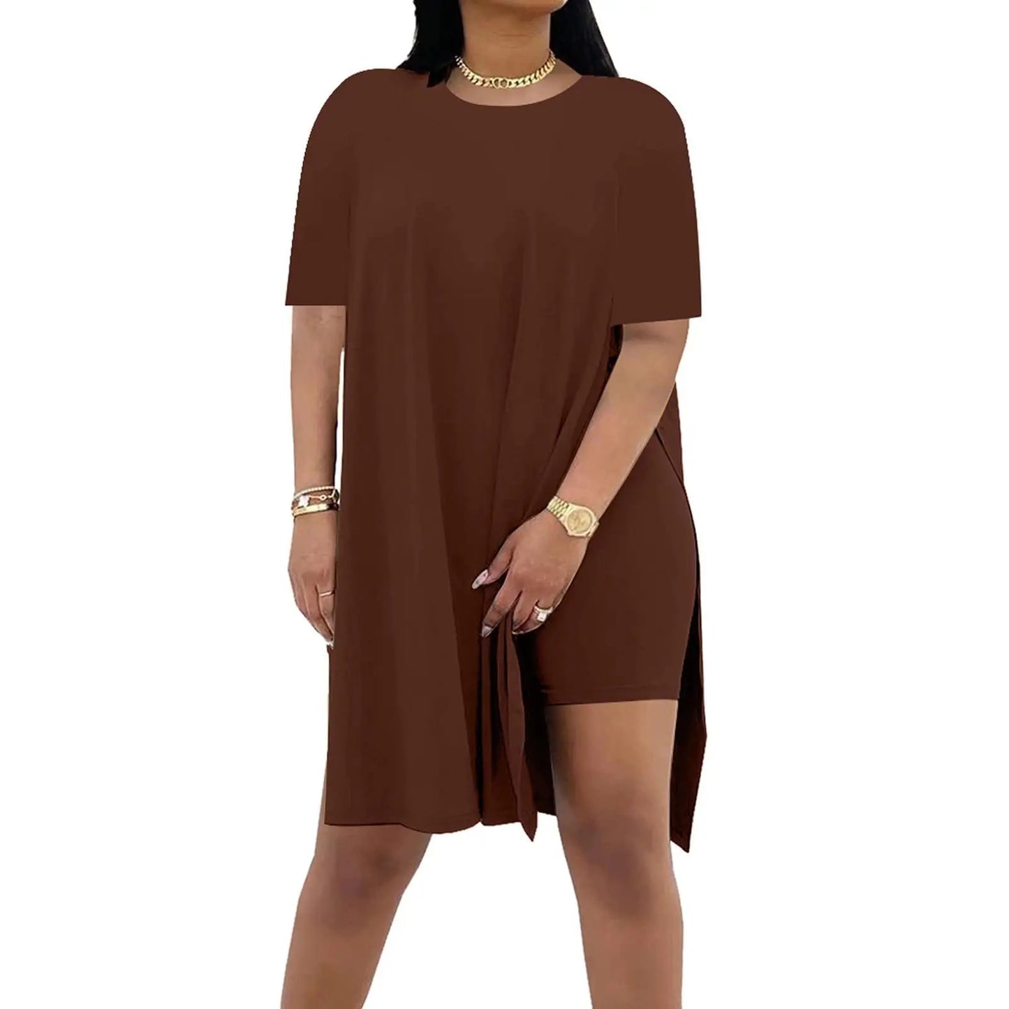 Plus Size Summer Outfit Side Slit Tunic Top & Biker Shorts Set