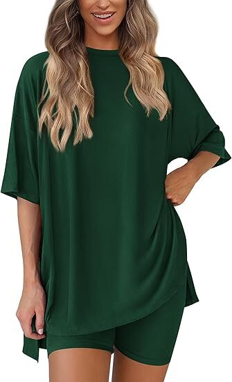 🔥Women's Two Piece Lounge Set Summer Casual Oversized Shirts Biker Shorts Matching Airport Travel Outfit