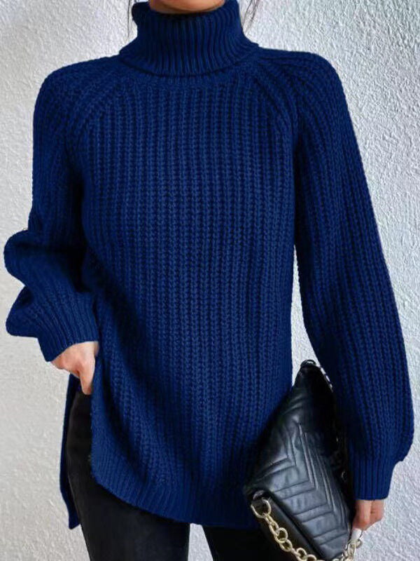 💥Last day only $37.99📢 Long Sleeves Loose Solid Color Split-Side High Neck Pullovers Sweater Tops