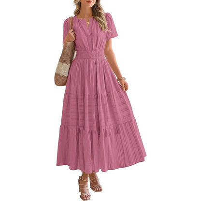 Women's Summer 2026 Casual Maxi Dress Lightweight Short Sleeve V Neck Boho Dress with Pockets