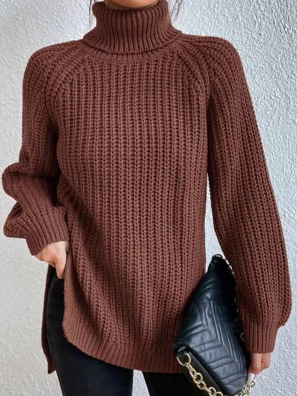 💥Last day only $37.99📢 Long Sleeves Loose Solid Color Split-Side High Neck Pullovers Sweater Tops