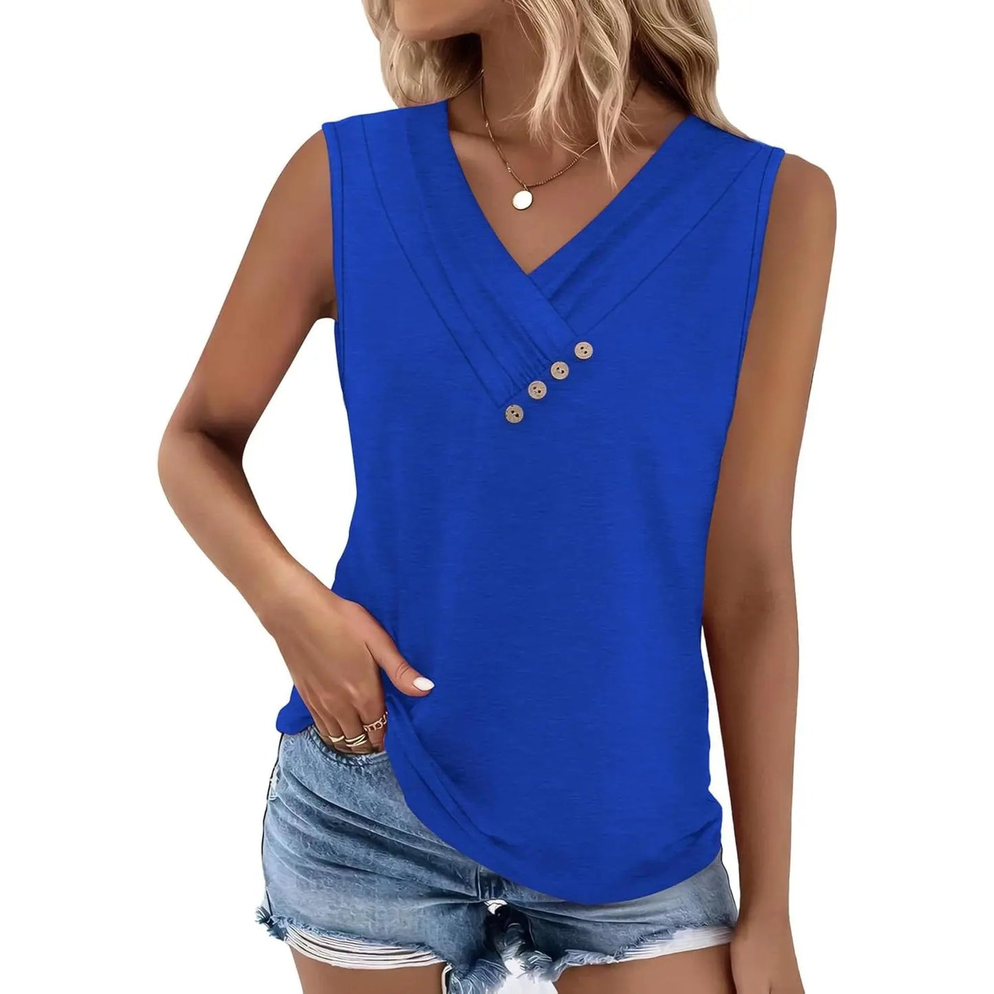 Last day discount🔥🔥Women Summer Button Down V Neck T Shirts Sleeveless Loose Fit Fashion Tops