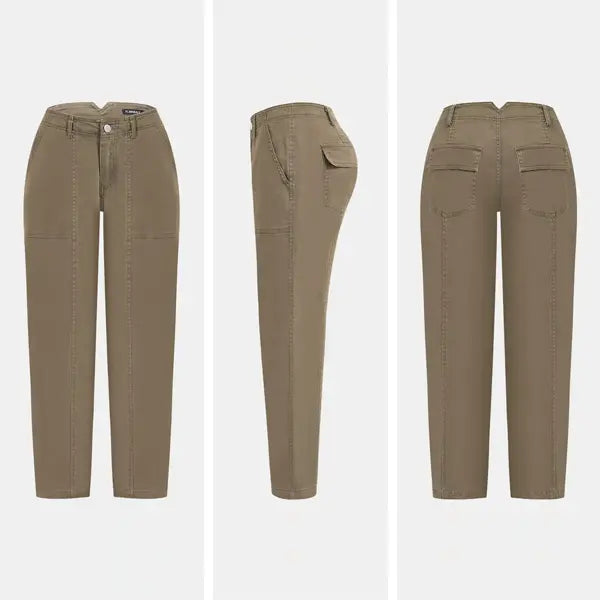 Solid Stitch Detail Mid Waist Baby Barrel Fit Deep Pockets Pants