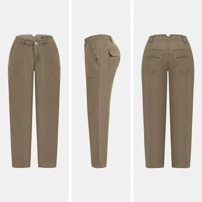 Solid Stitch Detail Mid Waist Baby Barrel Fit Deep Pockets Pants