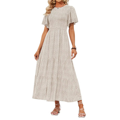 Floral Print Short Flutter Sleeve Crew Neck High Waist Flowy Maxi Dress