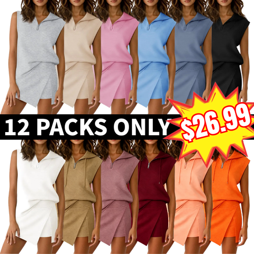 Womens Sleeveless Half Zip Sweatshirt 2 Piece Skirt Sets