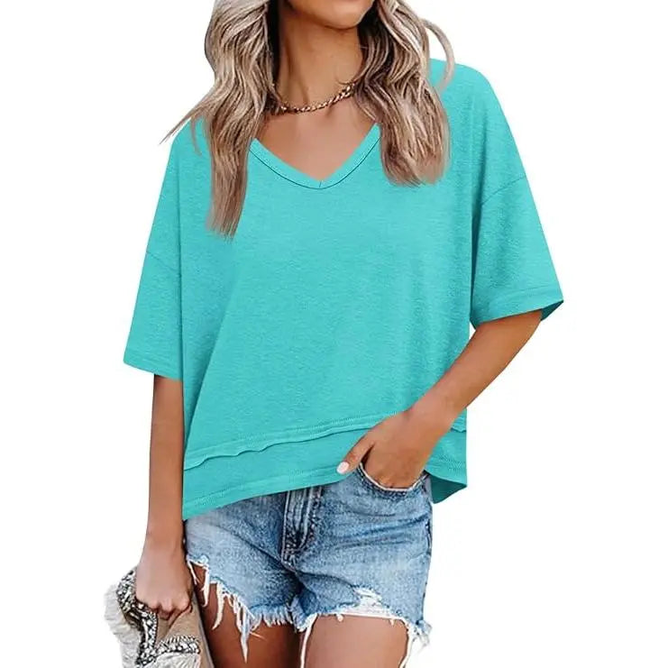 Womens Short Sleeve Shirts Summer V Neck Casual Top