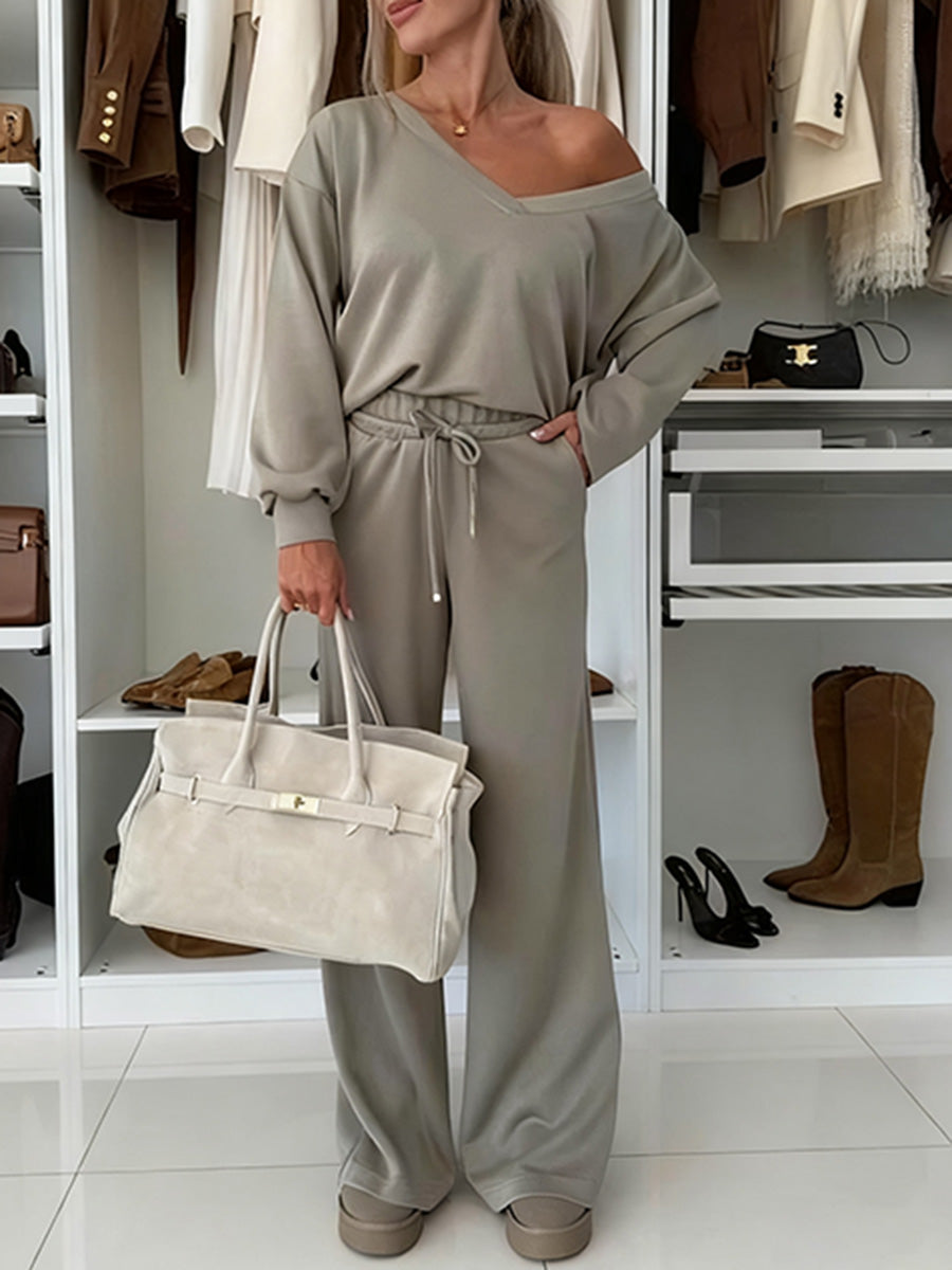 Autumn And Winter Solid Color Knitted V-Neck Top & Pants Set