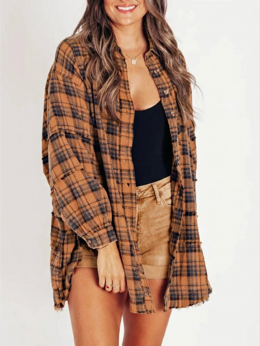 ⏰Hot Sale-Women's Seams Raw Edge Washed Oversized Shirt Jacket with Pockets 🔥New arrivals at special price🔥